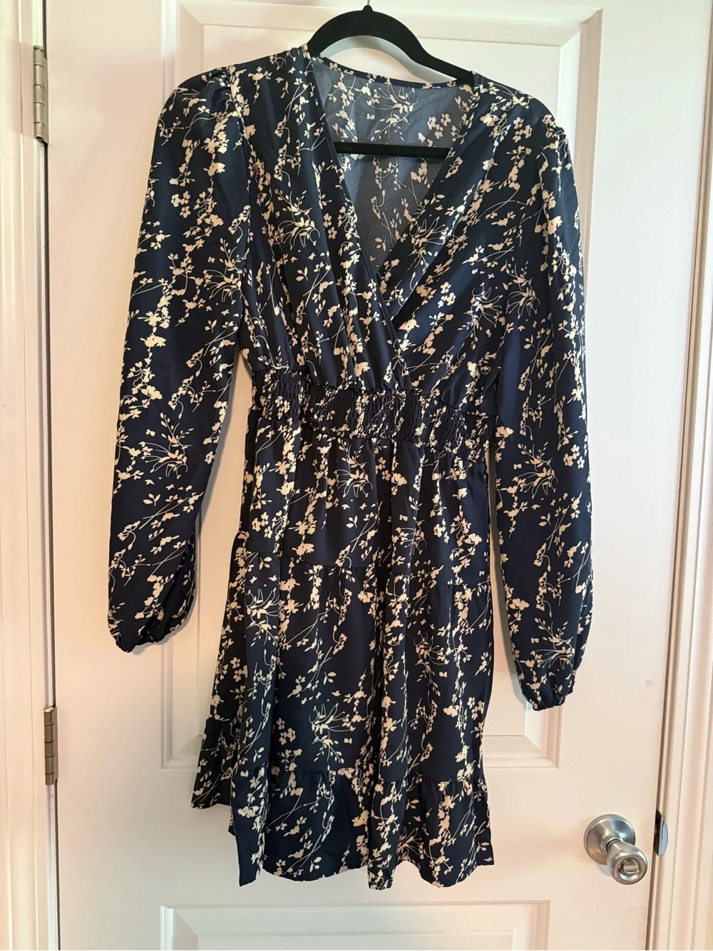 Navy Floral Long-Sleeve Elastic waist Dress